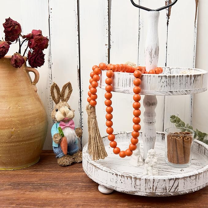 OMISHE 59in Wood Bead Garland with Tassels, Decorative Beads, Farmhouse Wooden Beads Garland for Wall Hanging Home Festival Decor, Orange
