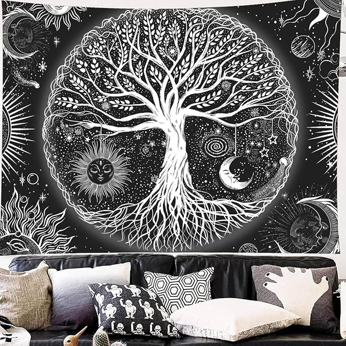 FORATER Tree of Life Tapestry Wall Hanging, Sun and Moon Aesthetic Wall Tapestry Black and White Tapestries Home Decor for Living Room Bedroom(61 x 82 Inch, Black and White)