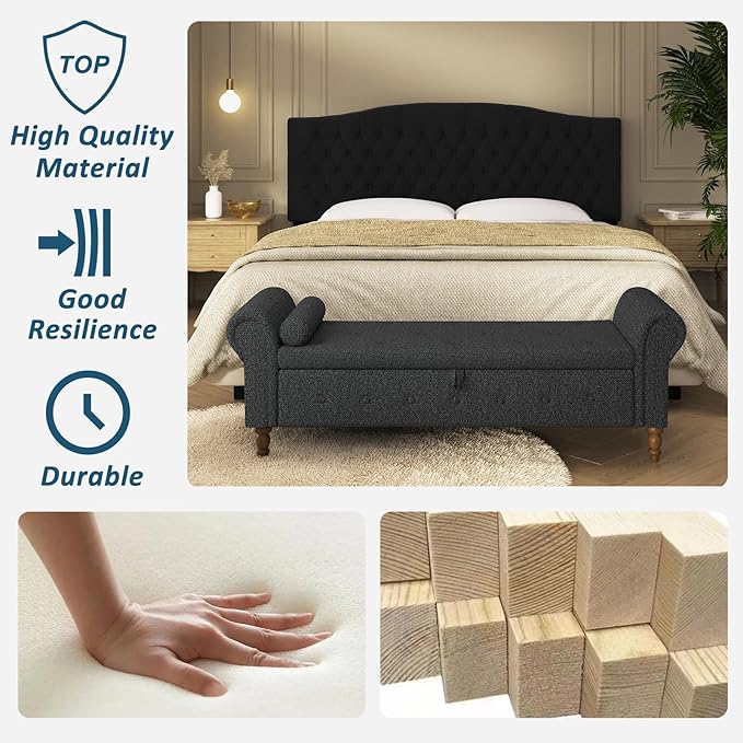 Storage Ottoman Bench for Bedroom, 63" End of Bed Bench with Rolled Arms Upholstered Ottoman Bench Fit for Bedroom, Living Room, Entryway, Linen Dark Gray