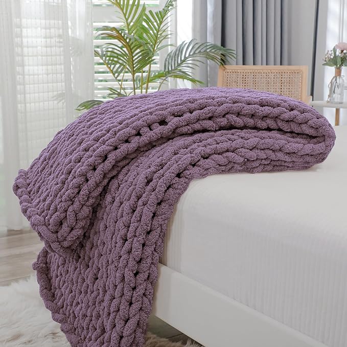 Bigacogo Chunky Knit Throw Blanket for Couch, 40x60 inches, 100% Hand Knitted with Thick Jumbo Chenille Yarn, Cozy Soft Large Rope Knot Cable Crochet Blankets for Sofa Bed Living Room, Winter Grape