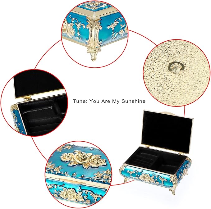 ELLDOO Vintage Music Box, Blue Metal Musical Jewelry Box Keepsake Box, Small Trinket Jewelry Storage Box Gift for Girl Women (Tune: You are My Sunshine)