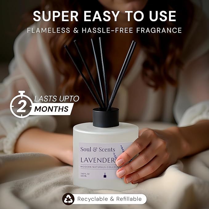 Soul & Scents Reed Diffuser Set – Lavender | 7.43 oz Refillable Scented Oil with 6 Fiber Sticks | Long-Lasting Home Fragrance & Air Freshener for Bedroom, Bathroom, Office | Gift & Décor Piece