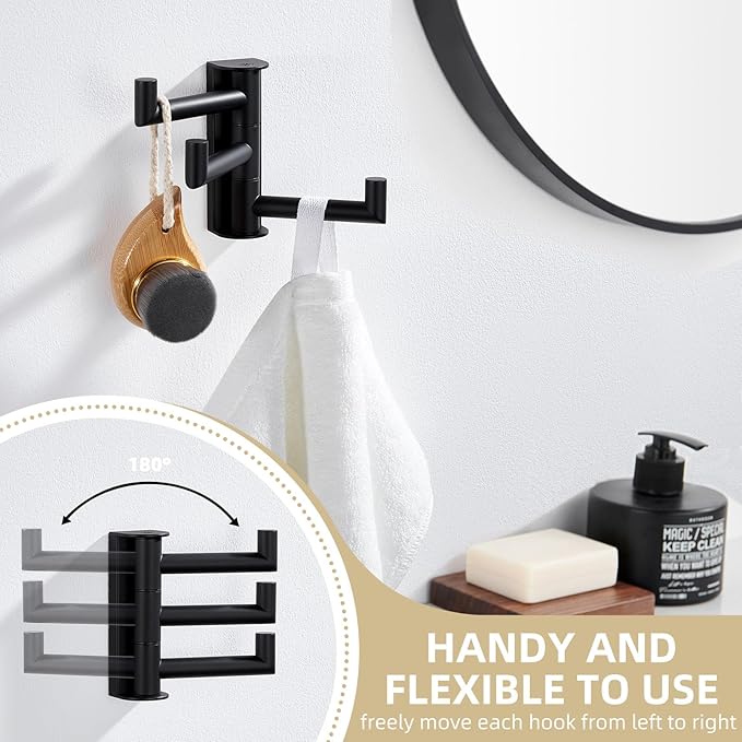 Angle Simple Swivel Towel Hook 3 Arms, SUS 304 Stainless Steel Foldable Bathroom Robe Towel Hook, Wall Coat Holder, Matte Black