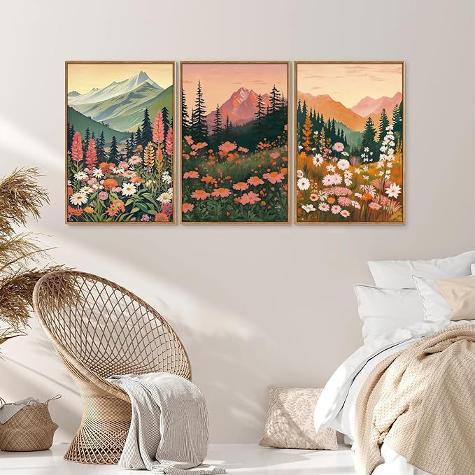 Tinonedraw Colorful Nature Flowers Framed Canvas Wall Art Set, Boho Blue Ridge Mountain Wall Decor,Floral Forest Scenery Artwork, Modern Wildflower Blossom Landscape Art Prints for Living Room Bedroom Office 16"x24"x3