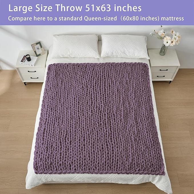 Bigacogo Chunky Knit Throw Blanket for Couch, 51x63 inches, 100% Hand Knitted with Thick Jumbo Chenille Yarn, Cozy Soft Large Rope Knot Cable Crochet Blankets for Sofa Bed Living Room, Winter Grape