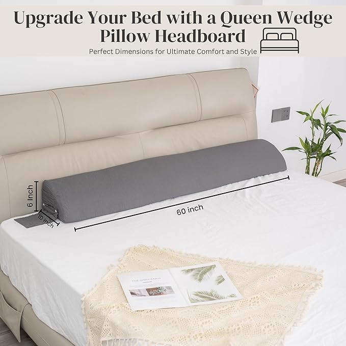 Wedge Pillow Headboard | Soft Headboard Pillow with 2 Side Packets, Triangle Pillow Wedge for Headboard, Bed Gap Filler Headboard Wedge Pillow, Ideal Bed Wedge Pillow for Headboard - Queen