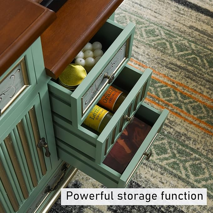 Vintage Accent Chest with 5-Drawers and Door Carved Wood Storage Cabinet Modern Dresser for Living Room, Entryway, Hallway, Sage Green