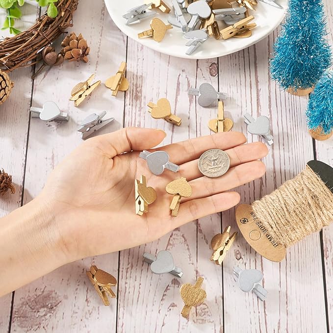 Pandahall 100Pcs Wooden Heart Clothespins Photo Clips Photo Paper Pegs Clips Gold Silver Mini Clothes Pins Holiday Card Holder Display with 10.9 Yards Jute Twine