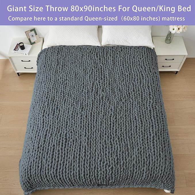 Bigacogo Chunky Knit Throw Blanket for Couch, 80x90 inches, 100% Hand Knitted with Thick Jumbo Chenille Yarn, Cozy Soft Large Rope Knot Cable Crochet Blankets for Sofa Bed Living Room, Iron Gray