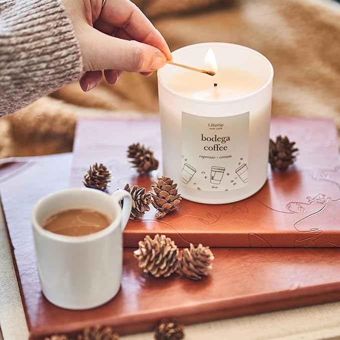 Literie Premium NYC Inspired Scented Candle: Bodega Coffee - Espresso & Cream Scent, 9oz, 50 Hour Burn, Vegan Soy & Coconut Blend Candle for Home Decor, Gift for Women & Men