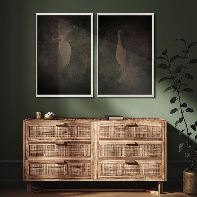 SIGNFORD Framed Canvas Print Wall Art Set Abstract Crane Silhouettes Vintage Dark Tones Illustration Modern Art Decorative Nordic Nature for Living Room, Bedroom, Office - 24"x36"x2 White