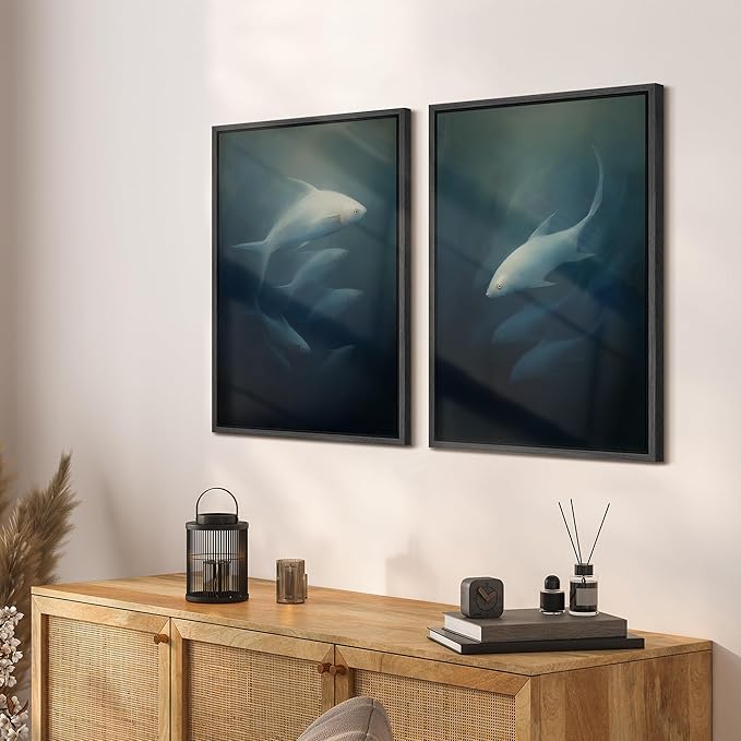 SIGNFORD Framed Canvas Print Wall Art Set Deep Sea Fish Serene Underwater Life in Dark Tones Illustration Modern Art Decorative Nordic Nature for Living Room, Bedroom, Office - 16"x24"x2 Black