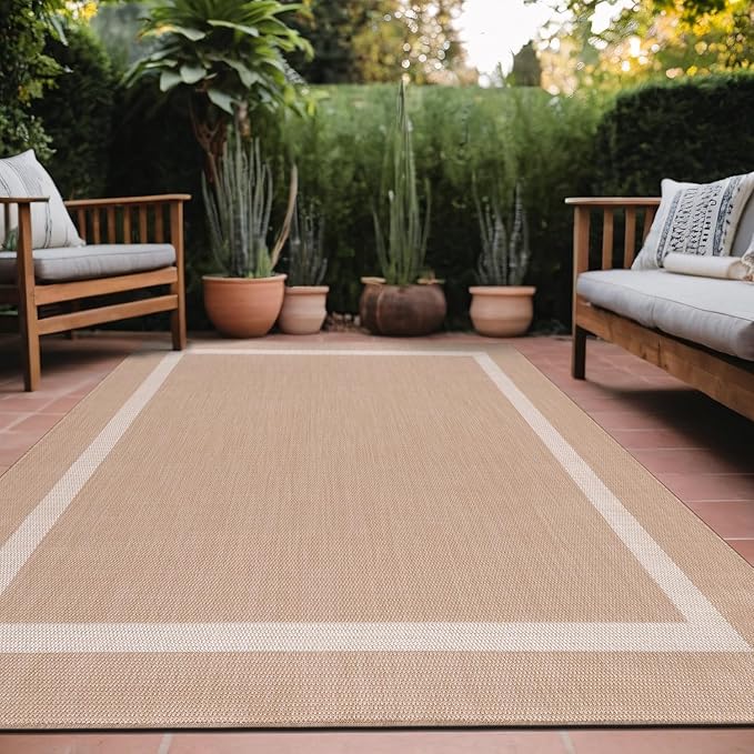 Bordered Outdoor Rug 6x9 Washable Outside Carpet for Indoor Patio Porch Waterproof Easy Cleaning Non Shedding Area Rugs Beige 6 x 9