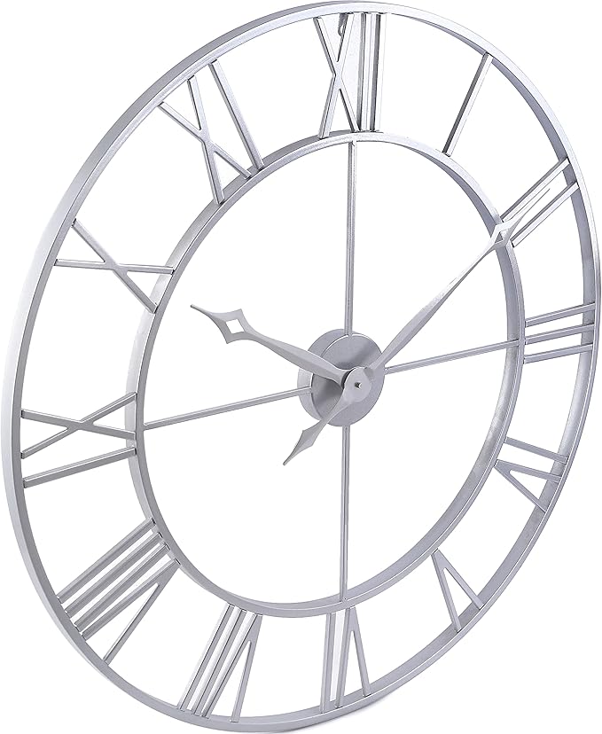 CLXEAST Large Modern 30 Inch Wall Clock Silver, Oversized Big Roman Numeral Metal Wall Clocks for Living Room Decor, Home Office