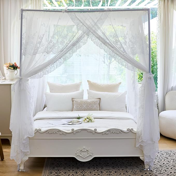 AIKASY Elegant Lace Princess 4-Poster Bed Canopy Mosquito Net - Romantic Wedding Bridal Bedroom Decor, Kids Room Bed Curtain for Women Adults - (White1,King)