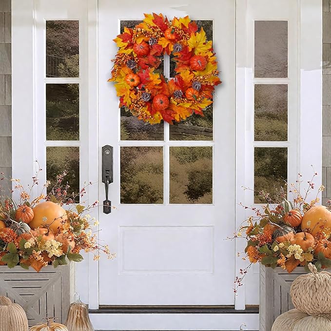 DiliComing Fall Wreath Front Door Wreath - 20 inch Fall Wreaths for Front Door, Autumn Wreaths with Pumpkin Maple Leavses for Indoor Outdoor Outside, Home Decor for Thanksgiving Harvest