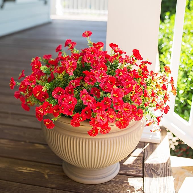 HyeFlora Artificial Flowers for Outdoors Fake Plants Outside Decoration, 12 Bundles Silk Red Morning Glory UV Resistant Look Real Faux Flowers for Planter Front Door Porch Patio Yard Gardens Balcony