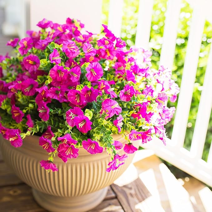HyeFlora Artificial Flowers for Outdoors Fake Plants, 12 Bundles Faux Fuchsia Morning Glory UV Resistant Look Real Silk Flowers for Outside Planter Front Door Porch Patio Yard Fall Autumn Decoration