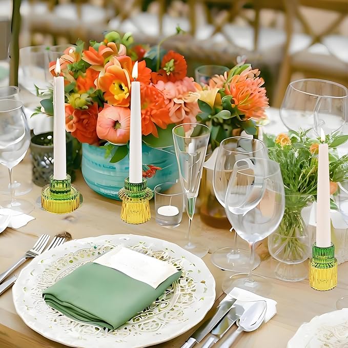 Double Sided Vintage Ribbed Taper Glass Candle Holders,Tea Candle Holder for Table Centerpieces, Wedding Decorations and Dinner Parties (Yellow Green, 3 PCS)