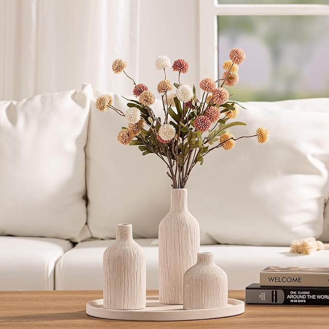 Ceramic Vase Home Table Decor - White Flower Vase Set of 3 Living Room Kitchen Decorations Farmhouse Modern Rustic Vases Decorative Centerpiece for Shelf Bedroom Office Bathroom Dining Coffee Desk
