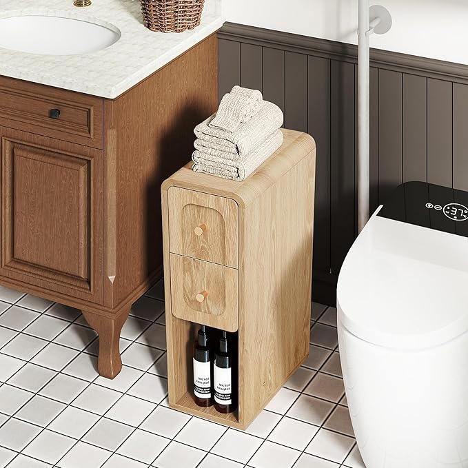 Narrow Nightstand with 2 Drawers, Small Bedside Tables, Mid-Century Modern Slim Night Stand with Storage, Wooden End Table for Small Spaces, Bedroom, Living Room (Natural-1PCS)