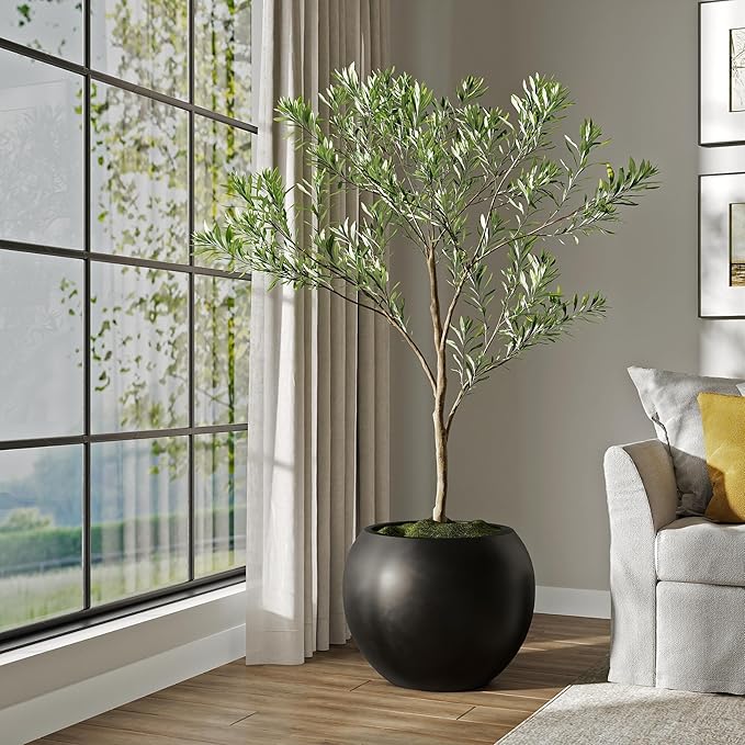 DTY Signature Mount Sherman Lightweight Durable Modern Fiberstone Sphere Planter for Indoor & Outdoor Drainage Hole & Rubber Plug Weather Resistant, 17" H x 21" Dia 14.4" Pot Opening - Large, Black