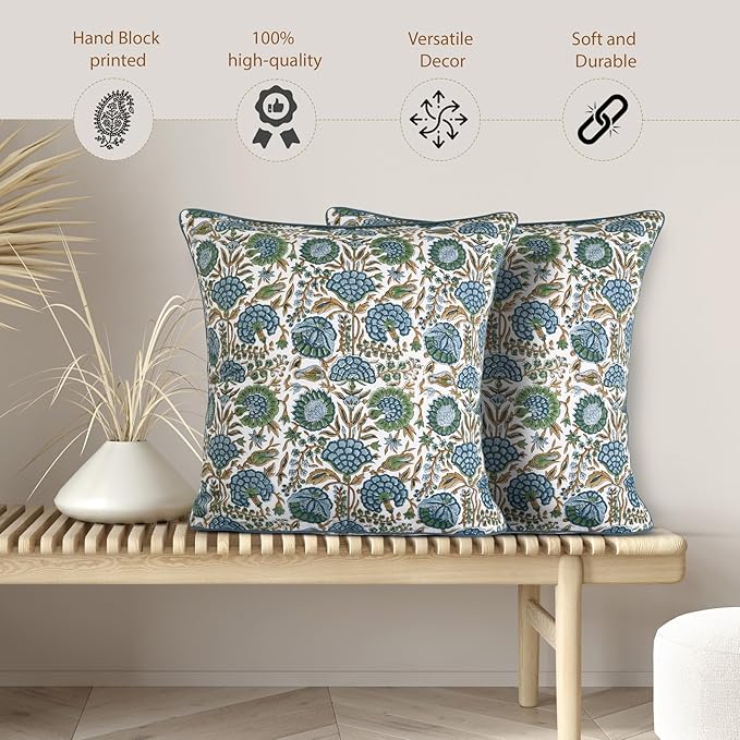 Ridhi Asparagus Green Print Cotton Throw Pillow Covers for Decorative Couch Pillows for Living Room, Chic Boho Cute Outdoor Thanksgiving Pillows Covers Gifts 20x20 Inches