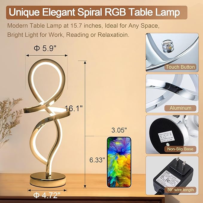 Mayful Modern RGB Table Lamp with LED Spiral Design, Silver Bedside Lamp & Nightstand Lamp, Touch Dimmable with 7 Colors & 10 Modes for Bedroom, Living Room, Home Office, 15W