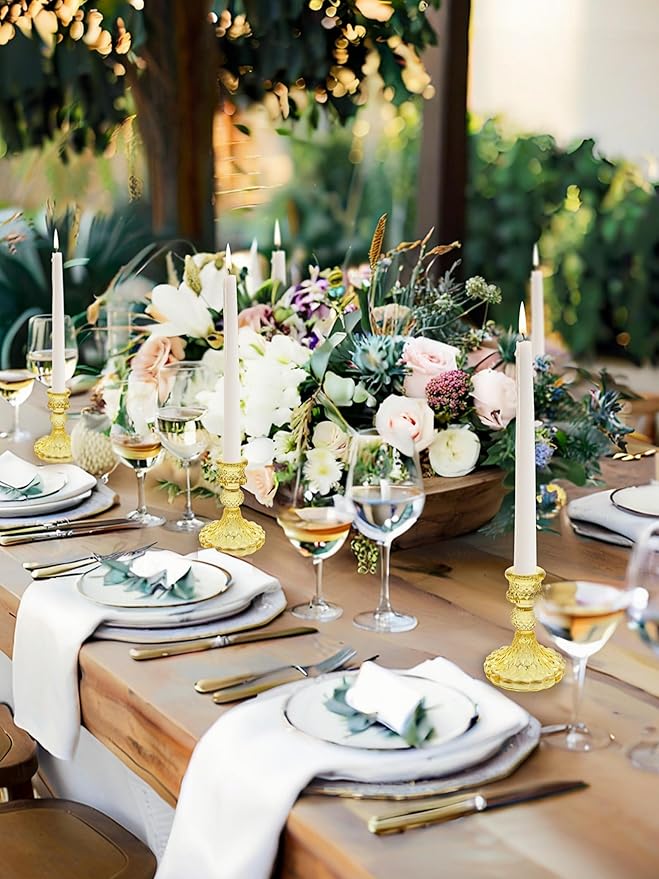 Glass Candlestick Holder,Striped Taper Candle Holders,Set of 6 Candle Stand for Table Centerpieces, Home Decor,Weddings,Festival and Parties (Yellow Dimond)