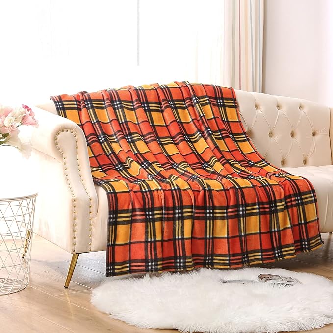 MERRYLIFE Throw Blanket for Couch Orange Plaid Chair Throw Blanket| Soft Decorative Ultra-Plush Colorful| Throw Size Travel Blanket Plush|(50" 60", Harvest Plaid)