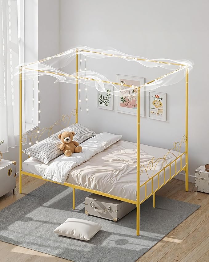 VEVOR Canopy Bed Frame Queen Size, Metal Canopy Bed with Minimalist Headboard & Four Posters Design, Heavy Duty Steel Slats Support, Underbed Storage Space, No Box Spring Needed, Easy Assembly, Gold