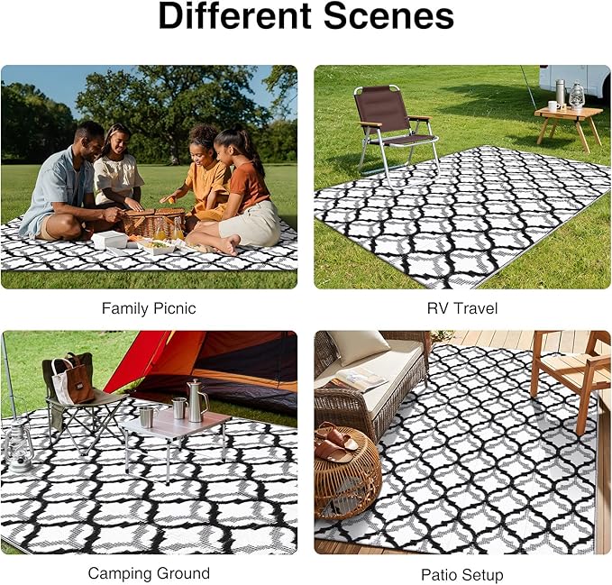 OLANLY Reversible Outdoor Rug 5x8 ft Clearance, Waterproof Outdoor Plastic Straw Rug with Interlacing Pattern, RV Mat for Patio, Camping, Balcony, Deck, Backyard, Black & White