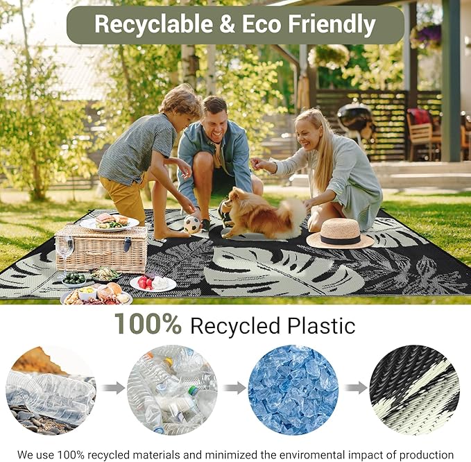 GAOMON Waterproof Plastic Straw Rug 9x12 Outdoor Rug for Patio, Reversible Modern Camping Mat with Bag & Stakes, UV Resistant & Easy to Clean Outdoor Carpet for RV, Deck, Balcony, Beige