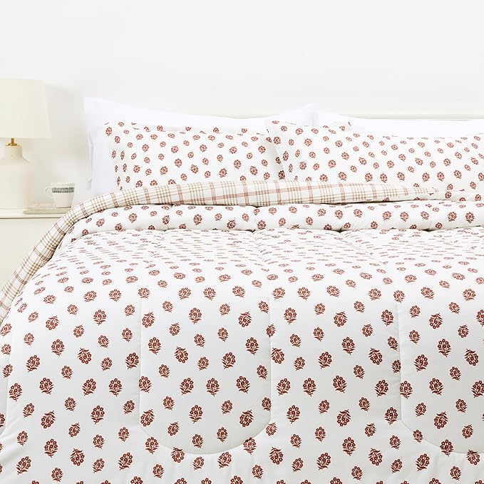 Amazon Basics Lightweight Microfiber Comforter Sets, 3-Pieces, Off White, Floral, King