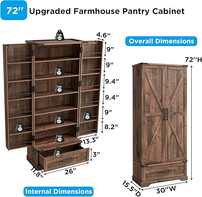 72" Farmhouse Kitchen Pantry Cabinet With Drawer, Tall Storage With 2 Barn Doors and Shelves, Versatile Large Rustic for Dining Room, Bathroom, Living Room, Rustic Brown