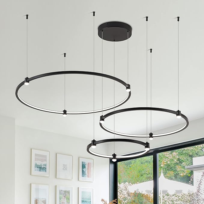 Modern Led Chandelier, 3-Rings Light Modern Led Pendant Light Black Dimmable Integrated Ceiling Hanging Pendant Lighting for Kitchen Island Dining Room Living Room Office 3000K 4000K 6000K