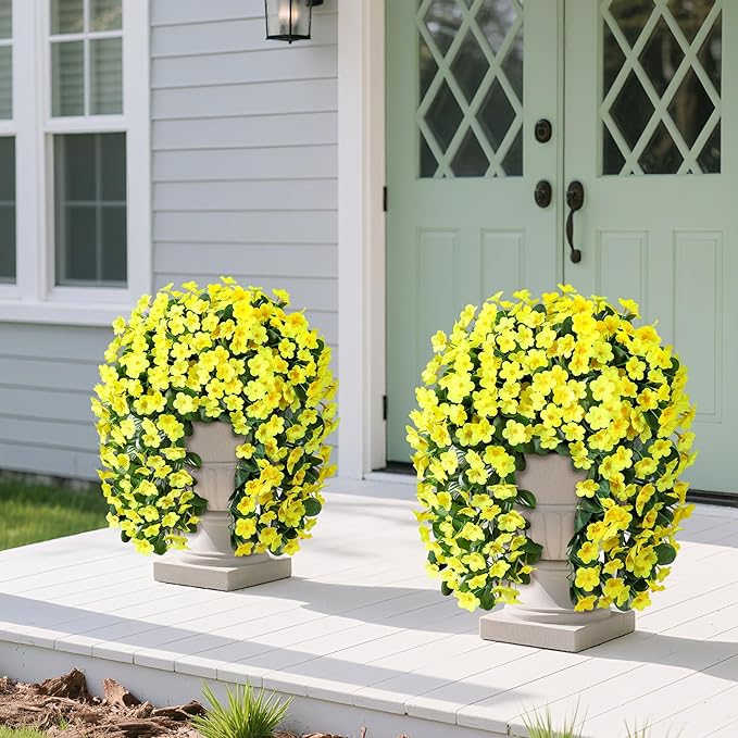 Artificial Faux Hanging Plants Flowers for Outdoor Fall Autumn Decor, 2 PCS Fake Silk Daisy Mums Yellow Orchid Long Vines UV Resistant Realistic for Outside Home Porch Patio Balcony Planter