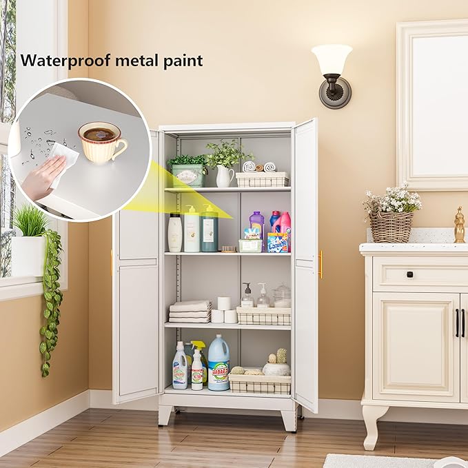 White Metal Storage Cabinet, 48" Steel Cabinets for Home Office, Kitchen Pantry Storage Cabinet with Doors and 3 Adjustable Shelves, for Office, Home, Garage, School