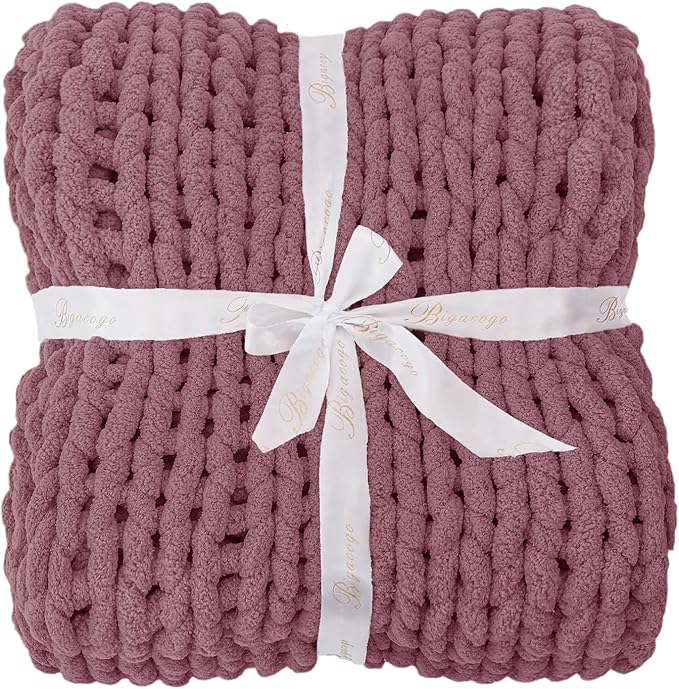 Bigacogo Chunky Knit Throw Blanket for Couch, 40x80 inches, 100% Hand Knitted with Thick Jumbo Chenille Yarn, Cozy Soft Large Rope Knot Cable Crochet Blankets for Sofa Bed Living Room, Burnt Rose