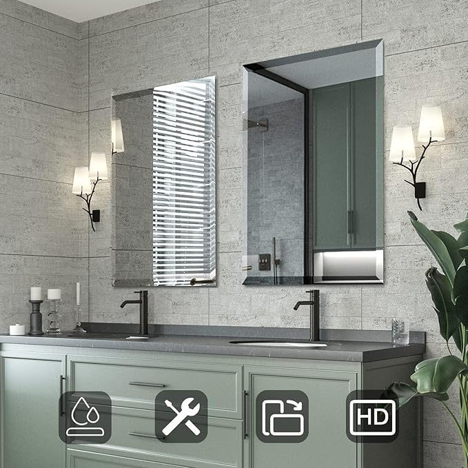 Mirrorons Beveled Mirror, Wall Mirror 24" x 36", Frameless Rectangle Bathroom Vanity Mirror with Beveled Edge, Hangs Horizontally or Vertically. Upgraded Shatterproof Mirror Bathroom
