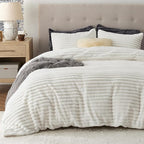 Bedsure Fluffy Duvet Cover Set - Ultra Soft Plush Shaggy Comforter Cover Queen Size, Warm Flannel Fleece Bed Sets for Winter, 3 Pieces (Striped Pattern, Coconut White)