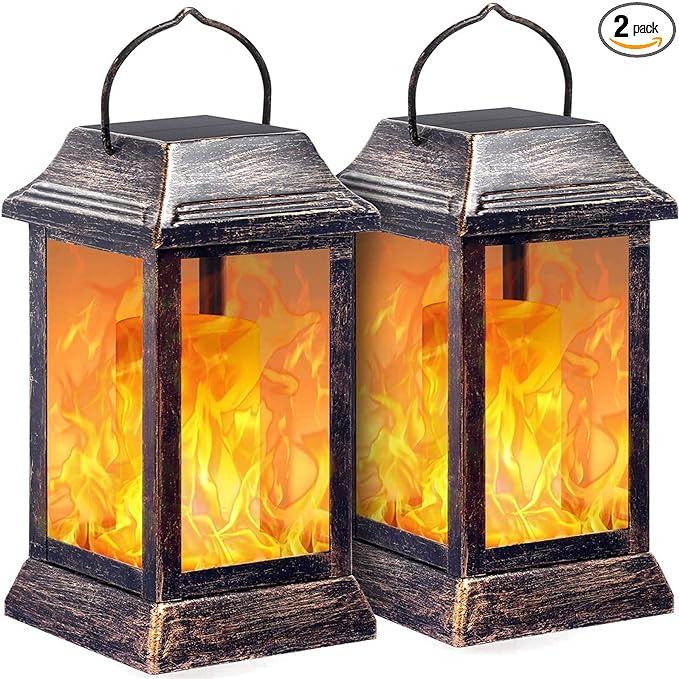 TomCare Solar Lights Metal Flickering Flame Solar Lantern Outdoor Hanging Lanterns Lighting Heavy Duty Solar Powered Waterproof LED Flame Lights for Patio Garden Christmas Decorations, 2 Pack (Bronze)