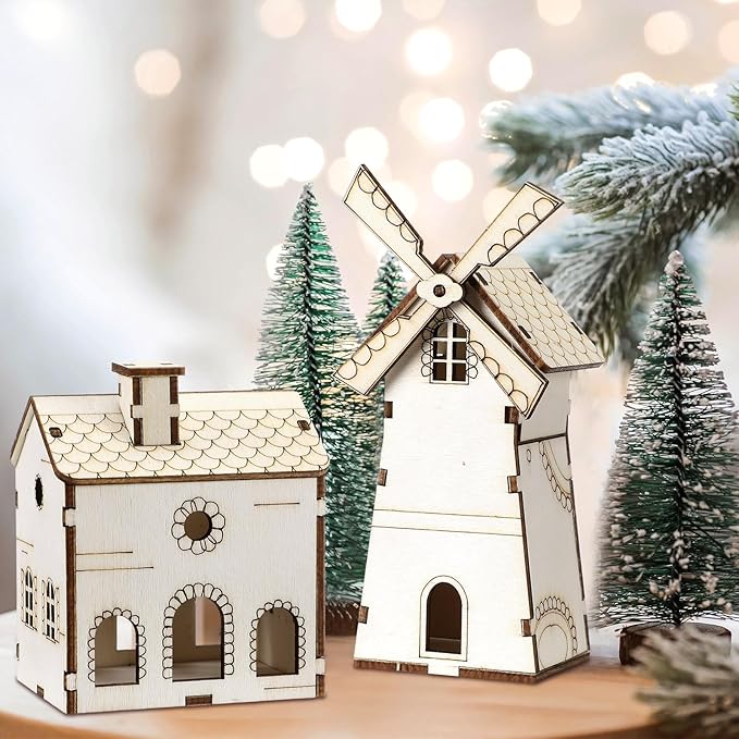 Hiboom 24 Pcs DIY Christmas Village Sets Wood Gingerbread Houses Christmas Mini Wooden House Gift for Winter Xmas Party Crafts Decorations
