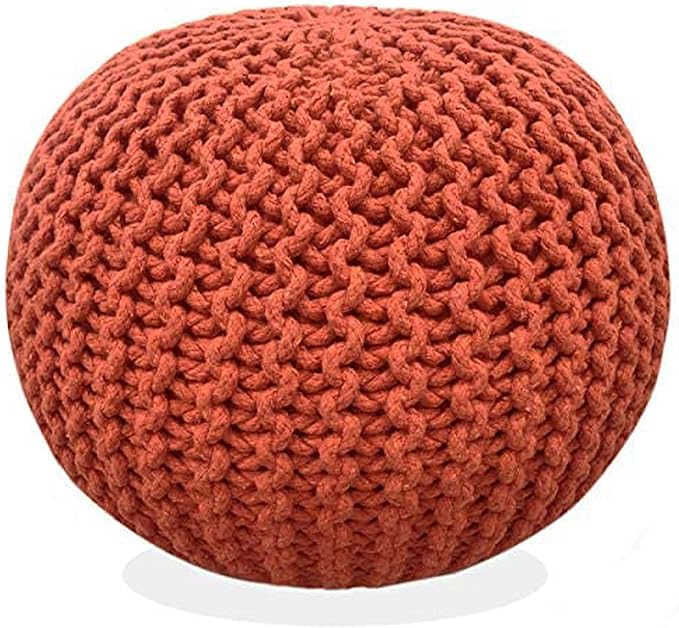 FRELISH DECOR Round Pouf Ottoman Hand Knitted 100% Cotton Pouf Foot Stool - Knitted Bean Bag - Floor Chair for Living Room Bedroom - Foot Rest for Couch (20 Diameter x 14 Height) - Rust
