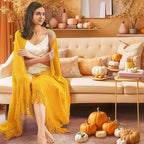 inhand Knitted Fall Throw Blanket for Couch and Bed, Knit Fall Decor Halloween Blanket with Tassel, Mustard Yellow Lightweight Decorative Farmhouse Warm Woven Blankets and Throws for Women, 60"x80"