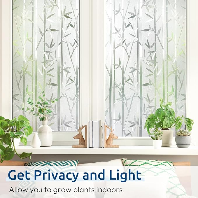 rabbitgoo Window Privacy Film Frosted Bamboo Pattern, Removable UV Blocking Stained Glass Decals Covering Decorative Window Cling for Home, 17.5 in X 6.5 Feet, Regular