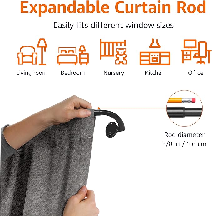 Amazon Basics Adjustable Easy to Install Blackout Curtain Rod for Bedroom and Living Room, 88" to 120", Black