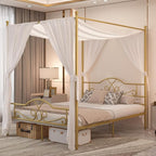 Weehom Canopy Bed Frame Queen Size with Headboard and Footboard, Four-Poster Canopy Bed Metal Platform Mattress Foundation Underbed Storage No Box Spring Needed Easy Assembly, Gold