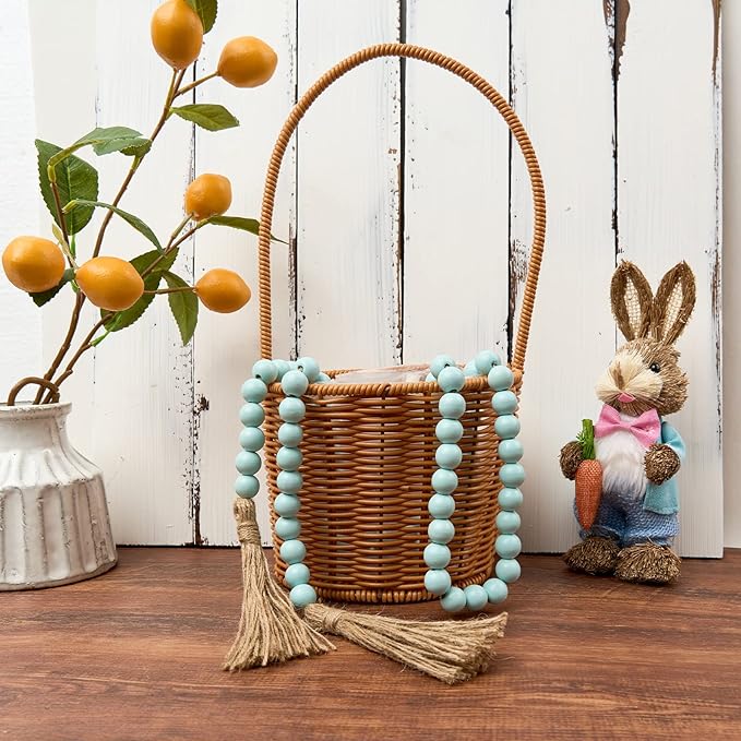 OMISHE 59in Wood Bead Garland with Tassels, Decorative Beads, Farmhouse Wooden Beads Garland for Wall Hanging Home Festival Decor, Aqua, Teal