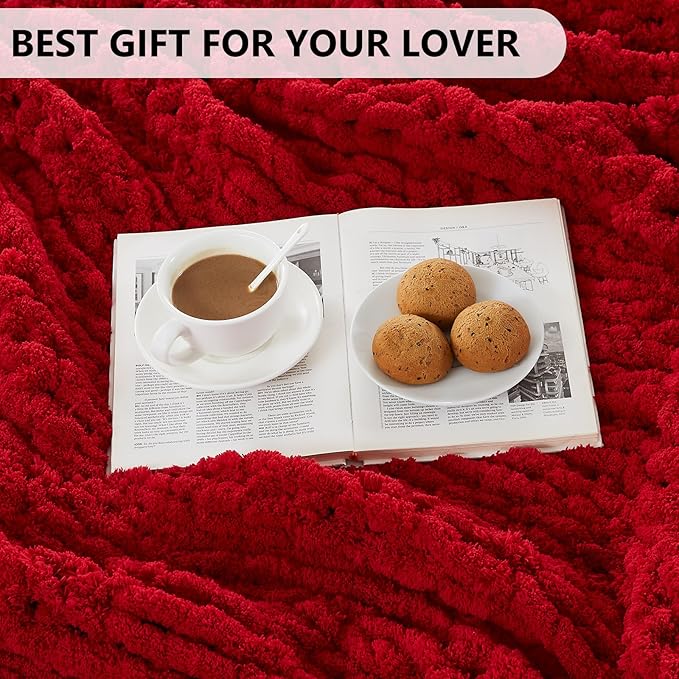 L'AGRATY Chunky Knit Blanket Throw - Soft Chunky Throw Blanket 40x50: 100% Hand Kintted Chenile Crochet Blanket Large Cable Knit Chunky Blanket - Rope Knot Throw Blanket for Couch Home Decor(Red)